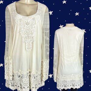 Roaman's 12W Cream Sheer Mesh Lined Crochet Bead Detail Sheer Long Sleeve Blouse